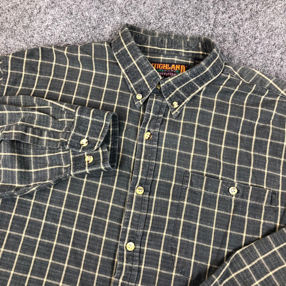Highland Outfitters Mens Size Large Gray Yellow Plaid‎ Flannel Button Down Shirt
